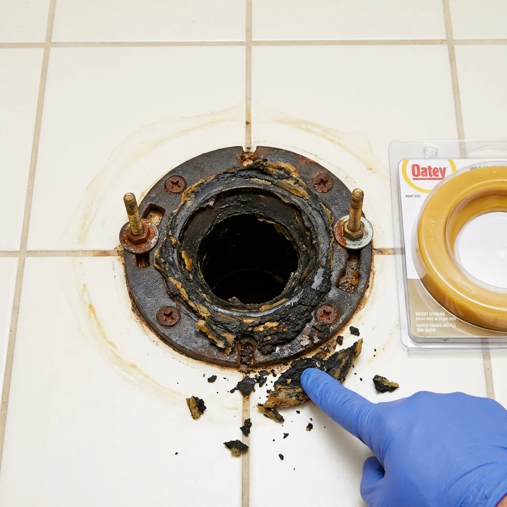 Failed wax ring showing water seepage at the base of a toilet in a Wakefield, MI home